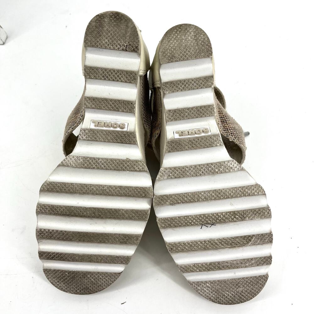 Sorel white/cream leather Joanie III lace wedge open toe sandals (7.5) snakeskin - Picture 8 of 9